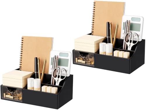 HBlife Acrylic Desk Organizer with Drawer, Pen & Pencil Holder, Multifunctional Desktop Caddy for Office Supply and Organization (Black, 2 Pack) by HBlife