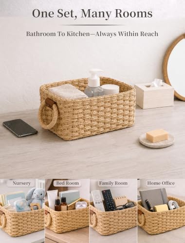 Small Wicker Baskets, 3 PCS Paper Rope Baskets for Shelves, Brown - Image 6