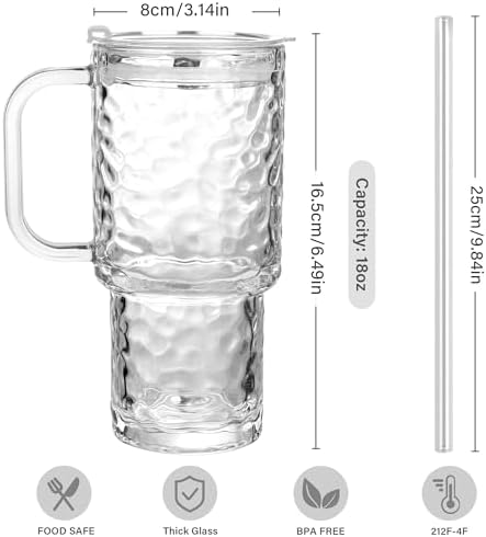 17oz Glass Tumbler with Handle & Lid – 2-Pack Iced Coffee Cups with Straws, Glass Mug for Cold & Hot Beverages Travel Cup for Smoothies, Tea, and Juice (clear-Glacial pattern-2pack) - Image 2