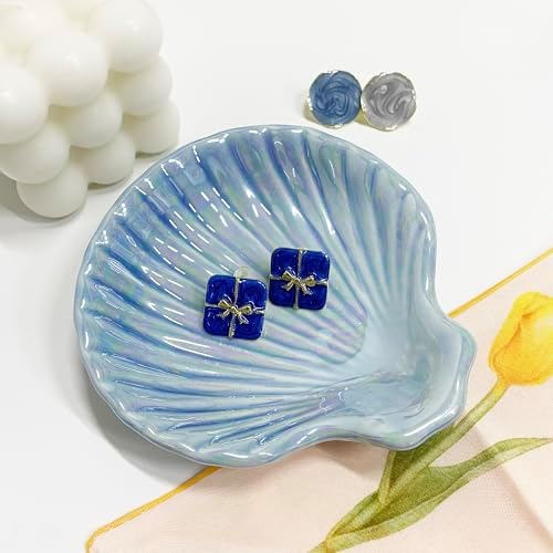 Shell Jewelry Dish Tray for Women, Ceramic Seashell Jewelry Ring Holder Dish, Jewelry Plate Trinket Dish for Necklace, Earring, Ring, Mother's Day Christmas Gift, 3.9", Sky Blue Iridescent Surface - Image 4