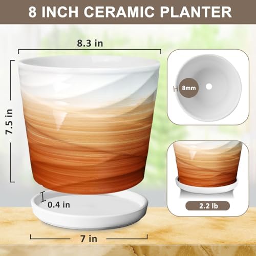 8 Inch Ceramic Plant Pot, Khaki + White - Image 3