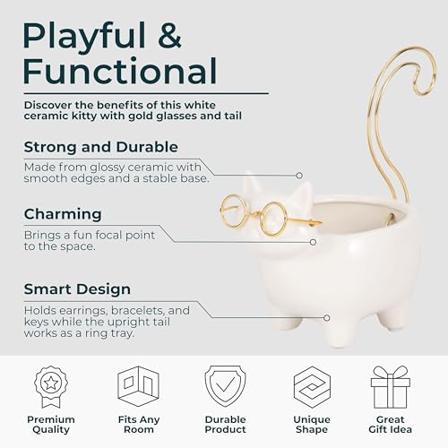 Ceramic Jewelry Dish & Trinket Tray – Ring Dish and Catchall for Everyday Accessories, Vanity or Nightstand Display – Cat Silhouette Decorative Tray Accent, Home Decor – 6", White & Gold - Image 5