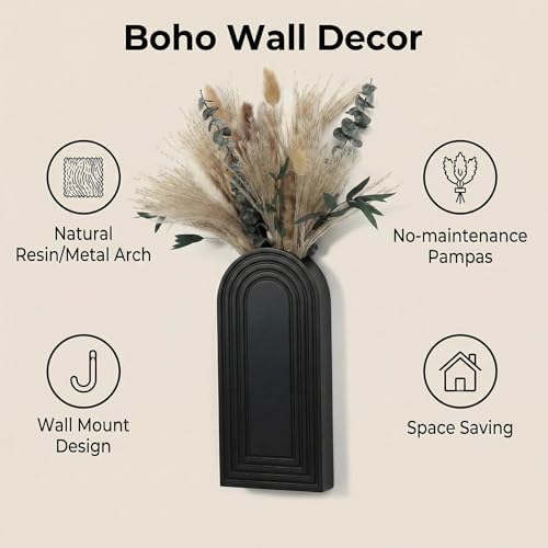 Set of 2 Wooden Wall Vases with Dried Pampas Grass & Eucalyptus, Boho Farmhouse Decor for Living Room, Entryway, Bathroom, Rustic Home Art(Black) - Image 2