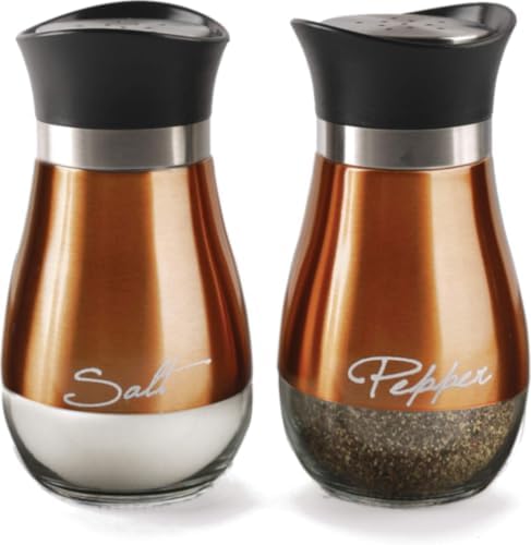 Circleware Cafe Contempo Elegant Glass Salt & Pepper Shakers Dispenser,Clear Bottom Jar Bottle Container w/Stainless Steel Top,Perfect for Himalayan Seasoning Herbs Spices,Copper,4.4 oz, (Pack of 12) by Circleware