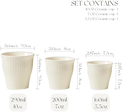 KEMORELA Espresso Cups Set of 3 – 5.5oz/7oz/10oz Ceramic Espresso Cups, Handleless Mug, Japanese Tea Cups， Ceramic Cups no Handles， Microwave and Dishwasher Safe, Barista Use, Asian Matcha Cup, White - Image 3