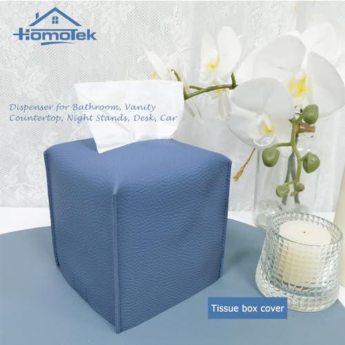 HOMOTEK 2 Pack Tissue Box Cover, Square PU Leather Tissue Holder, Decorative Facial Tissue Cube Paper Organizer Dispenser for Bathroom, Night Stands, Desk, Car 5X5X5'' - Haze Blue, Pebble Grain - Image 5