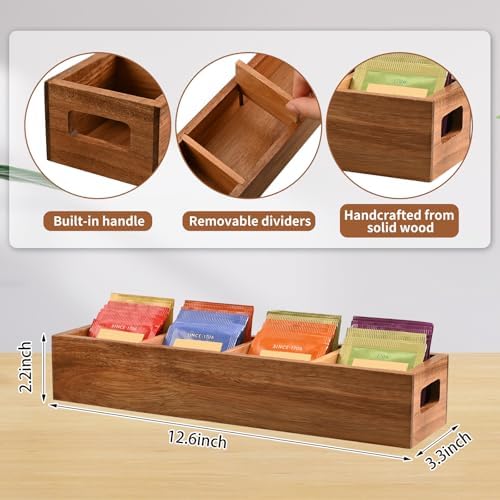 Acacia Wood Tea Bag Organizer with 4 Slots – Tea Bag Holder and Tea Organizer, Sugar Packet Storage for Countertops, Set of two - Image 3
