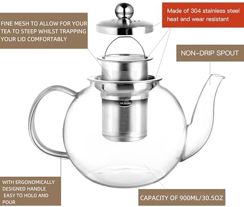 CNGLASS 900ml Glass Teapot with Removable Infuser,Clear Tea Kettle Stovetop Safe,Blooming and Loose Leaf Tea Maker - Image 3