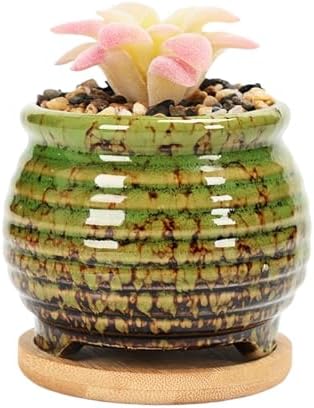 3.5 Inch Ceramic Succulent Planter Pot with Drainage Hole & Bamboo Tray - Mini Round Small Plant Pot for Indoor Desktop, Cactus Flower Container (Plant and Soil Not Included)，Green by SJBAG