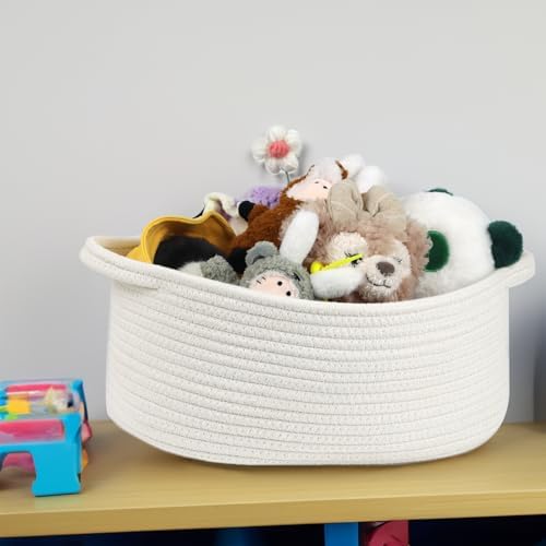 Woven Cotton Rope Storage Basket with Handle, White, 13 Inch - Image 5