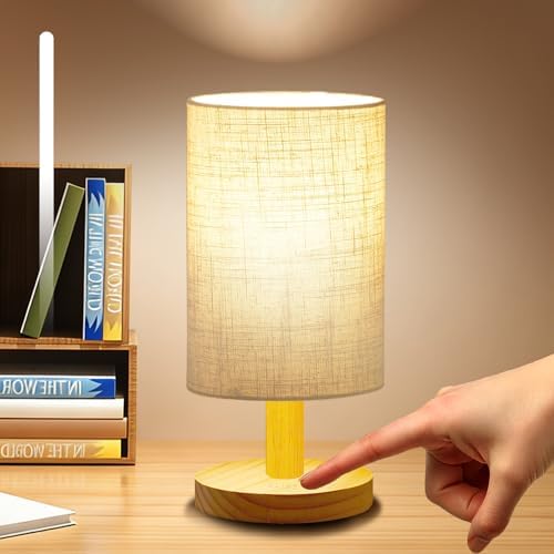 Small Touch Table Lamp for Bedroom, Bedside Lamp for Warm Light LED Desk Lamp, Wood Base Round Flaxen Fabric Shade for Kids Room, Living Room, College Dorm, Home, Office by Unknown