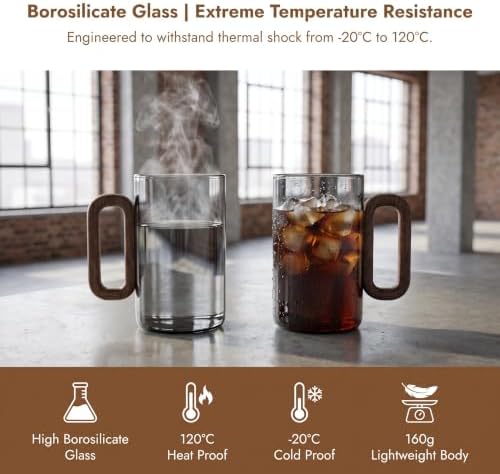 12OZ Borosilicate Glass Mug with Walnut Handle, 2-Pack - Image 6