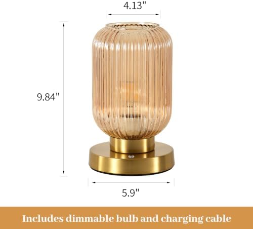 Rechargeable Amber Glass Table Lamp,Vintage Ribbed Bedside Lamp - Image 3