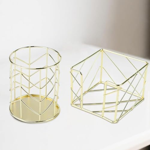 2 Pcs Square Post Note Holder and Circle Pen Holder, Metal suit for Home Office Supplies Workspace School for Desk Organize(Gold) by Unknown