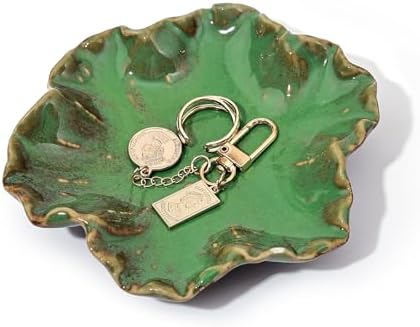 Ceramic Jewelry Dish - Petal Shaped Ring Holder & Key Bowl, Handcrafted Decorative Bowl for Vanity, Dresser, or Entryway, Cute Room Decor & Unique Gift for Women (Kiln Turned Green) by Denovin