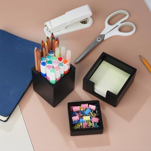 RAWILL 3 PCS Black Wooden Desk Organizer Set Pine Wood Office Desk Accessories with Pen Holder, Paperclip Storage and Sticky Note Holder, Wood Grain Clear, Ideal Gift for Office and Family (Black) - Image 3