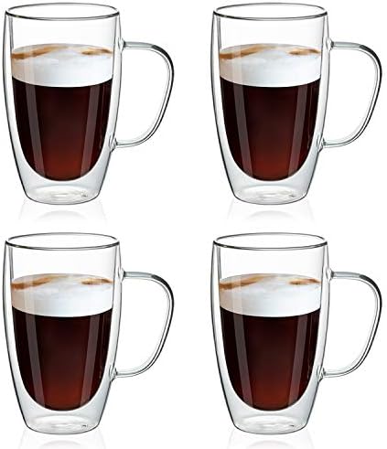 MEWAY 16oz/4 pack Coffee Mugs,Thickened Clear Glass Double Wall Cup with handle for Coffee, Tea, Latte, Cappuccino (16 oz，4) by MEWAY