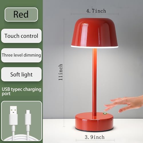 Rechargeable Cordless Mushroom Small Table Lamp with USB Port, Battery Powered Table Lamp Red, Tri Color Dimmable Touch Lamps for Nightstand, Bedroom, Dining Table, Bedside - Image 5