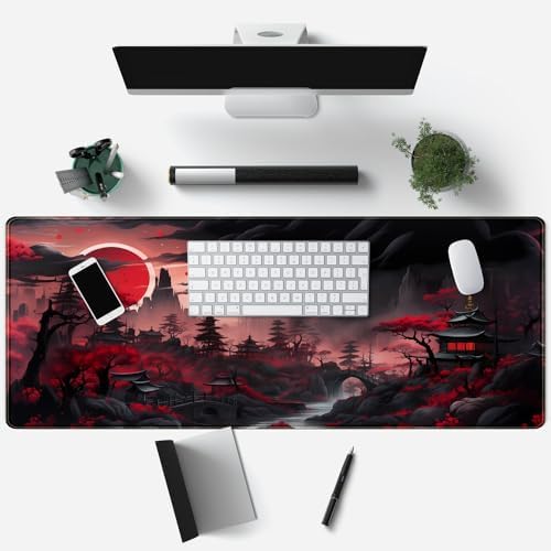 Riverside Full Moon Desk Pad Black Red Desk Mat Japanese Anime Extended XXL Keyboard Pad for Desk Gaming Computer Laptop Office Mouse Pad with Stitched Edges Non-Slip Large Computer Mat 31.5x11.8 in - Image 3