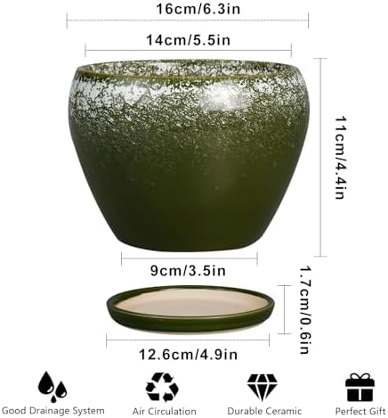 Ceramicfor 6 Inch Plant Pot - Ceramic Planter Pot with Drainage Hole and Saucer, Glaze Succulent Pot Modern Round Flower Pot for Indoor Plants, Dark Green - Image 3
