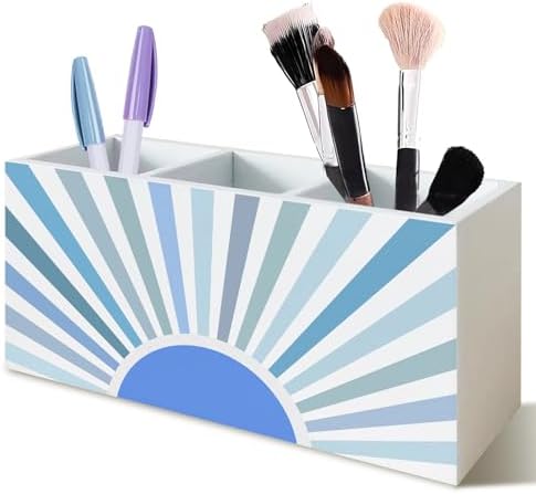 Boho Blue Sun Sunshine Pen Pencil Holder for Desk, Boho Home Decor, Mid Century Modern Sunset Sunrise Wood Signs for Home Office Desk Tabletop Decor and Accessories by Krhfg
