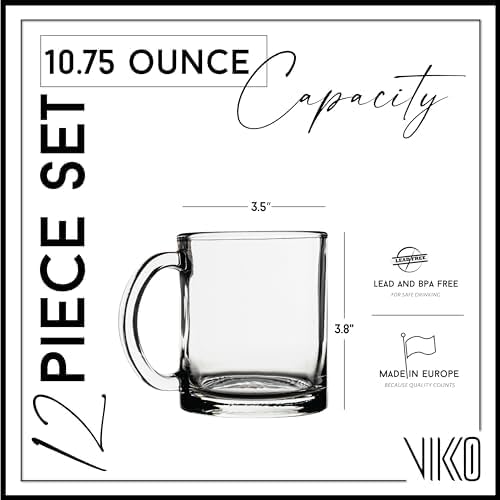 Vikko 10.75 Ounce Clear Glass Coffee Mugs - Set of 12, Microwave and Dishwasher Safe - Image 2
