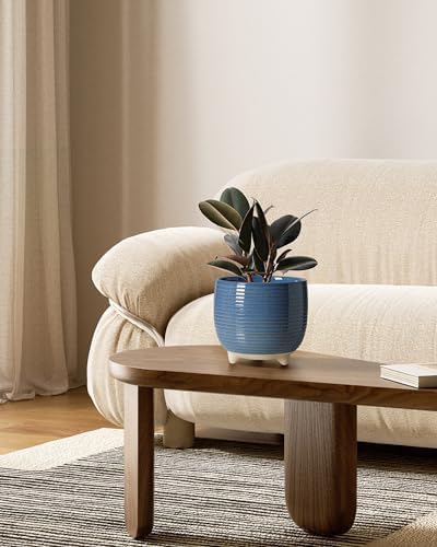 LE TAUCI Ceramic Plant Pots, 5.1 + 6.4 Inch Footed Pots for Plants, Modern Flower Pots for Home and Office, Indoor Planters with Drainage, Reactive Glaze Blue - Image 2