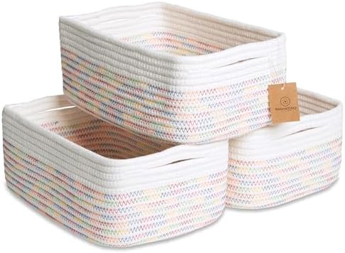 NaturalCozy 11.8"x8"x4.5” Rectangle Storage Baskets for Shelves 3 Pack | Cotton Rope Woven Small Baskets for Organizing | Small Storage Bins for Nursery, Bathroom, Closet, Shelf, Decorative, Gift by NaturalCozy
