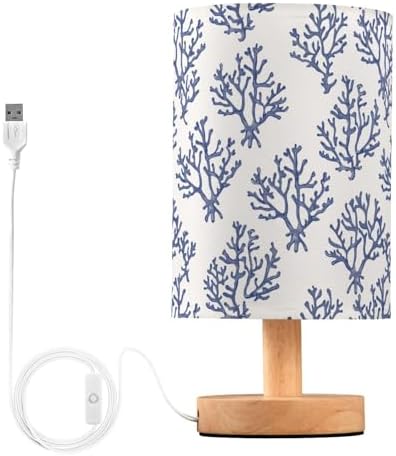 Coral Navy Blue and White Table Lamp for Bedroom USB Port Lamps Small Accent Table Lamp Nightstand Lamp Study Linen Shade with Wooden Base, Decorative Lamps for Bedside Reading|Kids|Dorm|Home by Fustylead