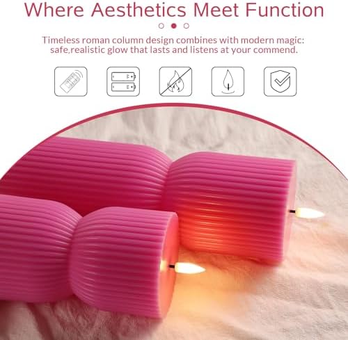 Hot Pink Ribbed Flameless Pillar Candles with Remote Set of 2 - Image 4