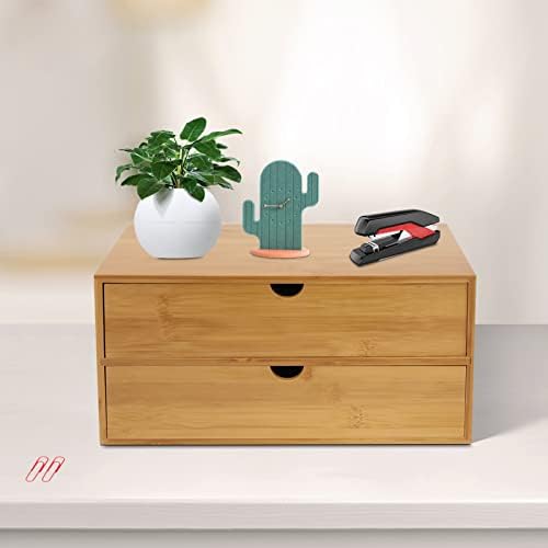 Bamboo Desk Organizer, Wood Desktop Storage Box for Office Supplies, Cosmetics, Stationery, No Assembly Desktop Organizers and Accessories for Home, Office, Study Table (2 Drawers) - Image 3