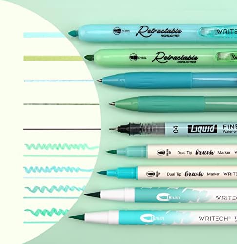 WRITECH Journaling Kit, Gel Ink Pens/Retractable Highlighters/Dual Tip Brush Pens/Fineliner Pens, Smooth Writing Assorted Colors Journaling Supplies, 9 Count with Pen Bag (Vitality blue & green) - Image 2
