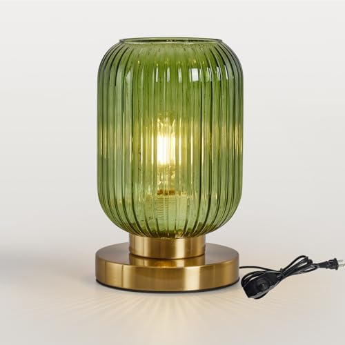 Mid Century Modern Table Lamp, 6" Green Glass Desk Lamp Plug in by HONIEGG