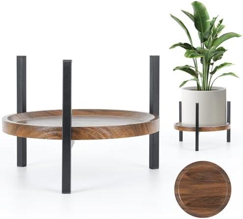 Plant Stand Indoor Adjustable with Walnut Wood Tray, Metal Modern Indoor Plant Stand, Heavy Duty Plant Stands Outdoor Corner, Stable Plant Holder, Fits 8 to 12 Inches Pots, Black, 1 Pack by GardenLighting