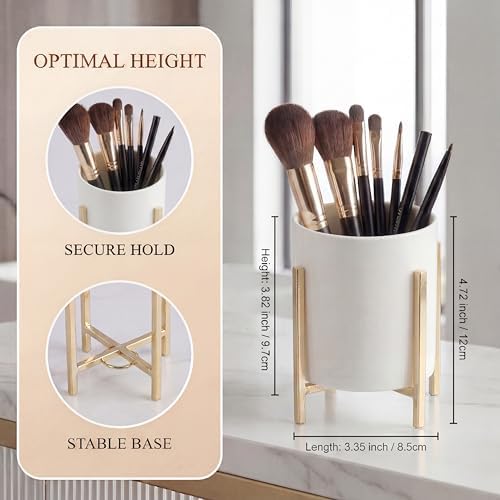 Ceramic Pen Holder for Desk, Durable Ceramic Pencil Cup Holder for Womens Girls, Makeup Cup for Brushes, with 4 Legs Metal Frame - Image 4