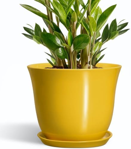 Ceramic Planter - 10 Inch Plant Pot for Indoor Outdoor, Round Flower Pots with Drainage Hole and Saucer, Large Plant Pot, Modern Planters, Home Room Decor, Gifts for Plants Lovers, Yellow by SUNPOTFOR
