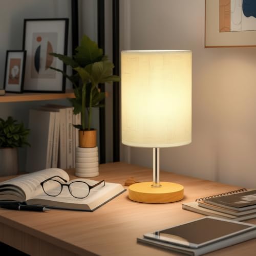 Small Table Lamp for Bedroom, Bedside Lamp with 3000K Warm LED Bulb Included, Nightstand Lamp for Living Room Office Dorm Kids Room, Easy Assemble Minimalist Cream Shade & Wood Base(5W) by Unknown