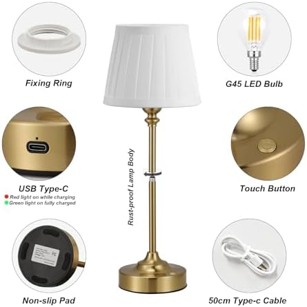 Cordless Table Lamps Rechargeable Set - 2 Pack Gold 4000mAH Battery Operated Lamps for Decor, 3000K Stepless Dimming Touch Wireless Lamp for Bedroom, Dining Table, Living Room, White Pleated Shade - Image 3