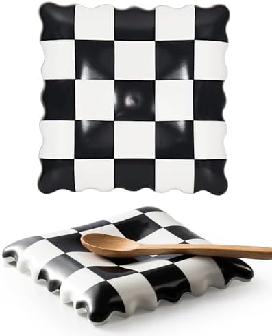 Ceramic Spoon Rest - Unique Checkered Spoon Holder Multipurpose for Stove Top, Kitchen Counter & Coffee Station | Super Cute Kitchen Decor & Hot Coffee Accessories for Housewarming by Swkien