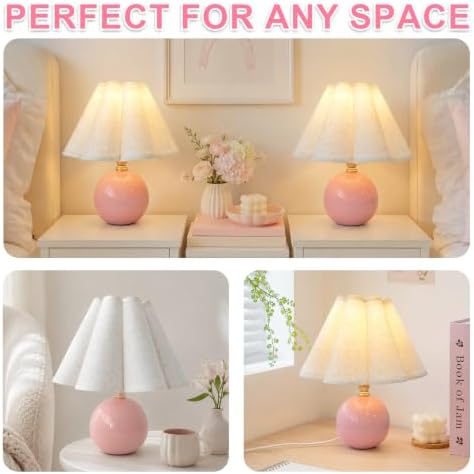 Small Ceramic Table Lamp, 11.5'' Cute Scalloped Lamp (Pink) - Image 6