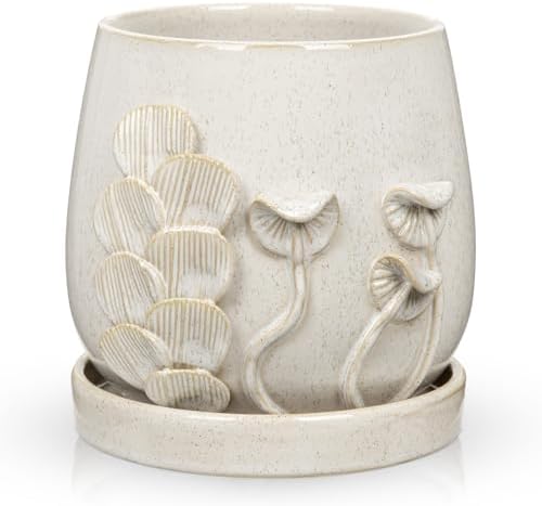 6 Inch Ceramic Plant Pot with Mushroom Gill Pattern Texture, Ivory White by NatureCrafted