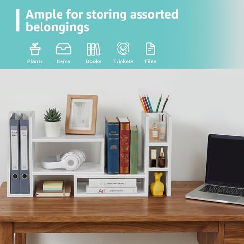 Desktop Shelf Desk Organizer File Holder - Dorm College Desk Bookshelf, Adjustable White Wood Shelving, Small Countertop Bookcase for Office Supplies, Student Study Desk & Home Organization Rack - Image 5
