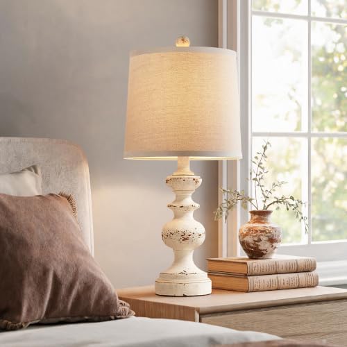 PARTPHONER Farmhouse Table Lamp Set of 2, Rustic Table Lamps for Living Room Bedroom, 22" Mid Century Modern Desk Lamp Bedside Nightstand Lamps with Linen Tapered Drum Shades, Washed White - Image 5