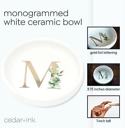 Trinket Tray Jewelry Dish with Monogrammed M in Gold Ring Holder - White Trinket Dish - Personalized Ring Dish or Jewelry Tray - Cedar & Ink (M) - Image 2