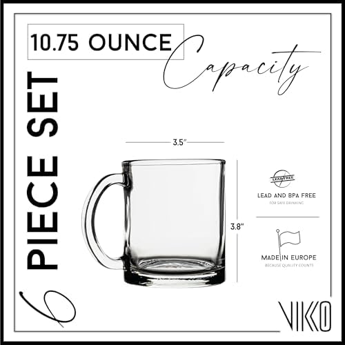 Vikko Glass Coffee Mug Set of 6, 10.75 Ounce Clear Mugs, Microwave and Dishwasher Safe - Image 2