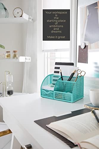 BLU MONACO Aqua Desk Organizer | Metal Turquoise Stationery Holder With Drawer and Compartments | Desktop Storage for School, Bedroom, Locker and Home | 5.5”D x 8.6”W x 5”H Accessory Caddy - Image 2