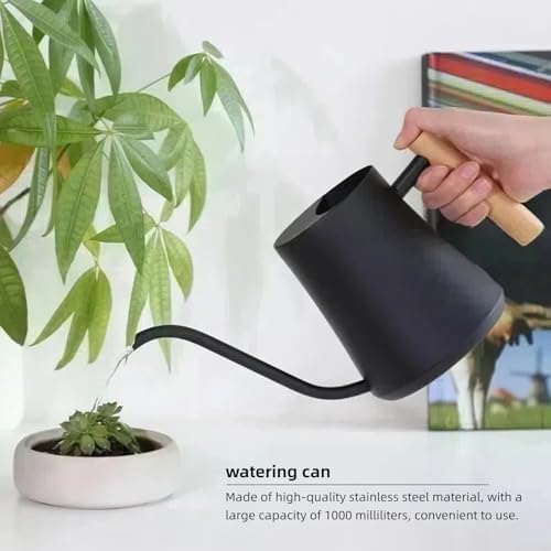 Indoor Watering Can with Long Spout, 34oz Capacity, Black Metal with Wood Handle (Black-W1) - Image 3