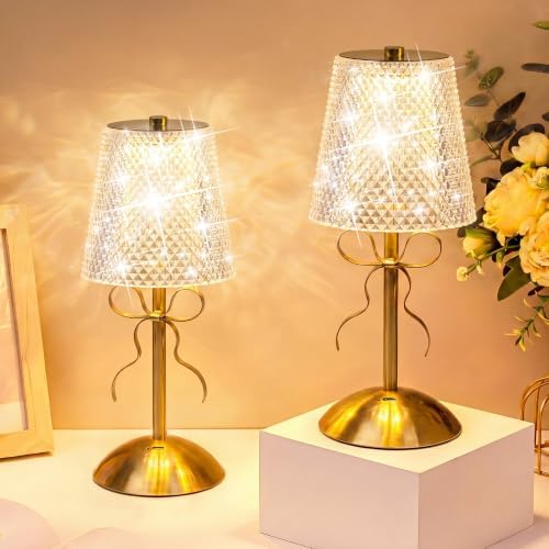 Liliful 2 Pcs Cordless Table Lamp LED Touch, Gold, Crystal Cut Style Bow by Liliful