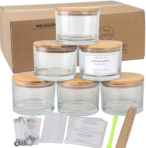 MILIVIXAY 6 Pack 16 oz Candle Jars with Bamboo Lids and Candle Making Kits - 3 Wick Candle Jar,Bulk Empty Clear Thick Glass Jars for Making Large Candles - Spice, Powder Containers. by MILIVIXAY