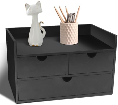 Charmewooden Bamboo Desk Organizer 3 Drawer with Shelf, Countertop Organizer with Drawers Makeup Storage Drawer 3 Drawers Tabletop Storage Organization Box Home Office Workspace（Black） by Charmewooden
